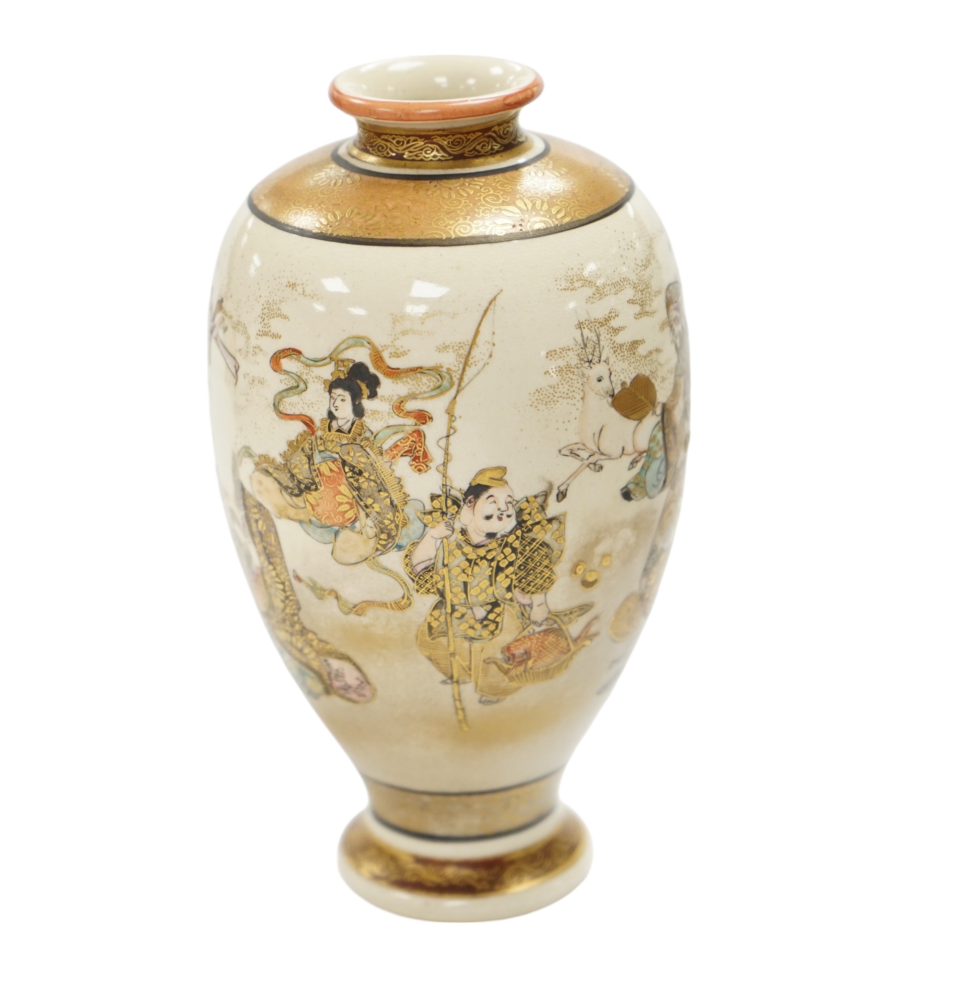 A small Satsuma ovi-form vase, decorated with figures, signature to base, height 13cm high. Condition - good